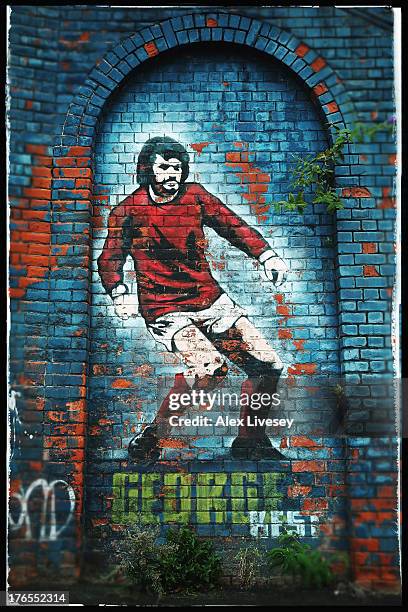 The George Best mural is seen outside Windsor Park prior to the FIFA 2014 World Cup Group F Qualifier match between Northern Ireland and Russia at...