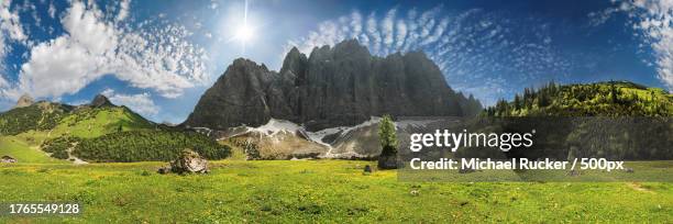 panoramic view of trees on field against sky - karwendel mountains stockfoto's en -beelden