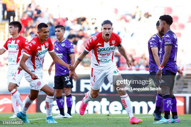 Alexis Pena of Necaxa celebrates after scoring the team's third goal during the 16th round match between Necaxa and Mazatlan FC as part of the Torneo...