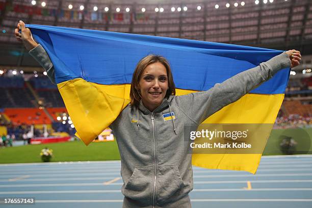 Olha Saladuha of Ukraine wins bronze in the Women's Triple Jump final during Day Six of the 14th IAAF World Athletics Championships Moscow 2013 at...