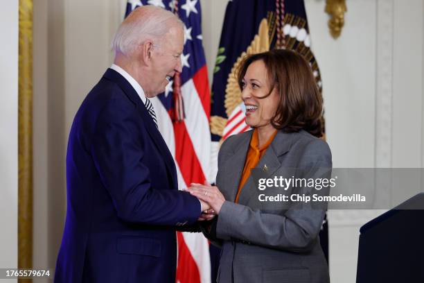 Vice President Kamala Harris introduces President Joe Biden during an event about their administration's work to regulate artificial intelligence in...