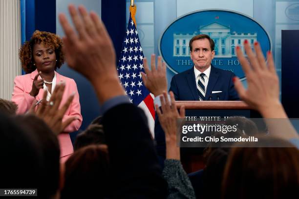 White House Press Secretary Karine Jean-Pierre And National Security Council Coordinator For Strategic Communications John Kirby talk to reporters at...