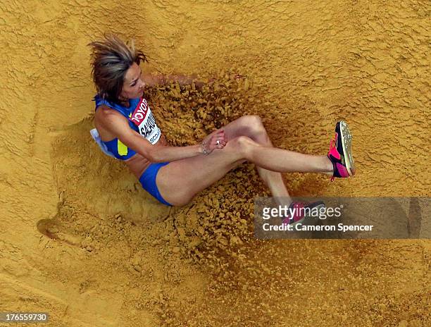 Olha Saladuha of Ukraine competes in the Women's Triple Jump final during Day Six of the 14th IAAF World Athletics Championships Moscow 2013 at...