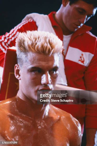 Close-up of Swedish actor Dolph Lundgren in the film 'Rocky IV' , Los Angeles, California, 1984.
