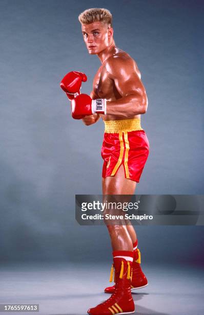 Publicity portrait of Swedish actor Dolph Lundgren in costume for the film 'Rocky IV' , Los Angeles, California, 1984.