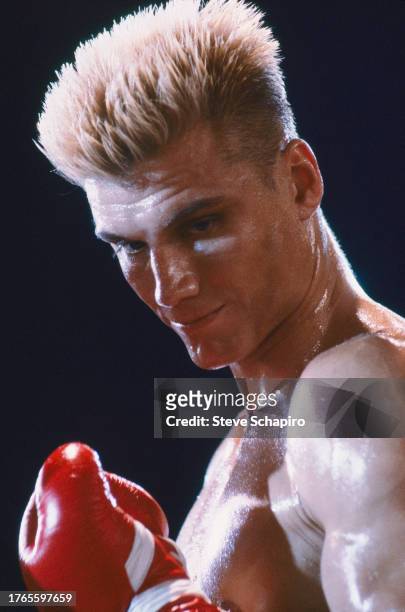 Close-up of Swedish actor Dolph Lundgren in the film 'Rocky IV' , Los Angeles, California, 1984.