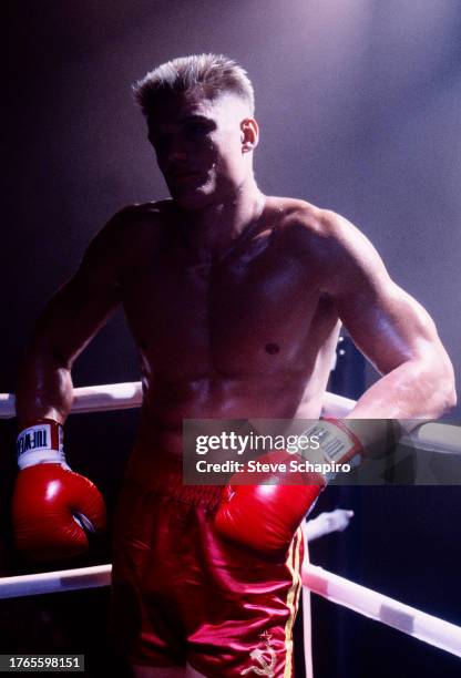 Publicity portrait of Swedish actor Dolph Lundgren in costume for the film 'Rocky IV' , Los Angeles, California, 1984.