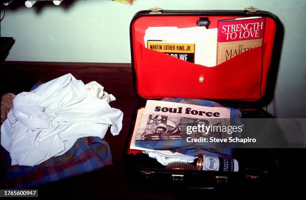 View of clothing an open case, belonging to Martin Luther King Jr , in his motel suite, Memphis, Tennessee, April 5, 1968.