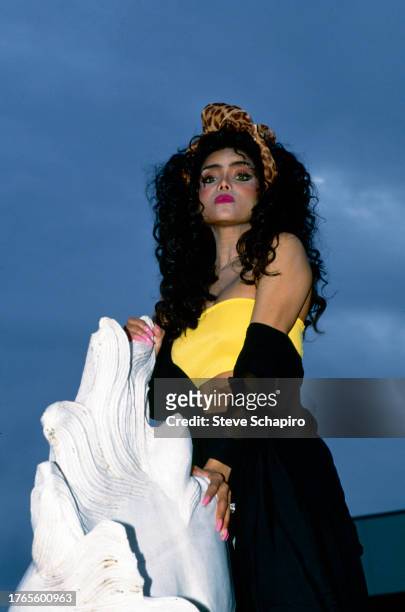 Low-angle portrait of American singer and actress LaToya Jackson, Los Angeles, California, October 1989.