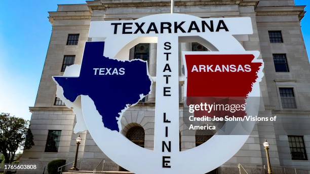Texarkana, the stateline between Texas and Arkansas with Federal Post Office behind.