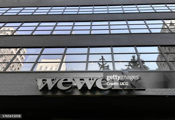 Low angle exterior view of WeWork office building, New York City, New York.