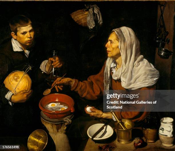 An Old Woman Cooking Eggs, by Diego Velazquez, 1618. Oil on canvas. .