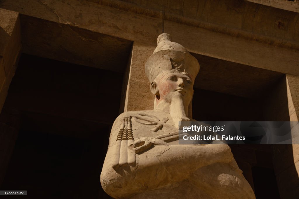 Sculpture of Queen Hatshepsut.as a male pharaoh. Entrance of her temple. Luxor