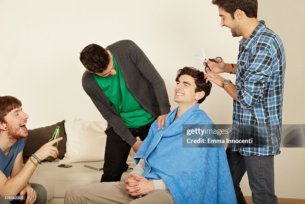 Friends, indoors, cutting hair, laughing,