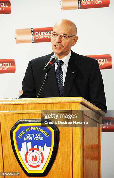 New York City Fire Commissioner Salvatore J. Cassano speaks at the "Quantum Heroes" premiere at Engine 33, Ladder 9 on August 15, 2013 in New York...