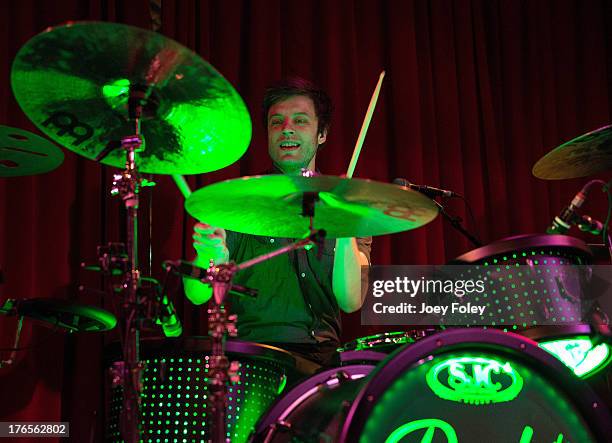 Touring Drummer Dan Pawlovich of Panic! At the Disco performs onstage during a special sold out intimate show at a small venue named Radio Radio on...