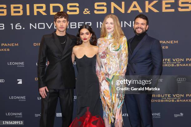 Tom Blyth, Rachel Zegler, Hunter Schafer and Josh Andres Rivera attend the Berlin premiere of "Die Tribute Von Panem - The Ballad Of Songbirds &...