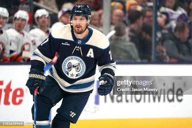 Sean Kuraly of the Columbus Blue Jackets skates during the second period against the New York Islanders at Nationwide Arena on October 28, 2023 in...