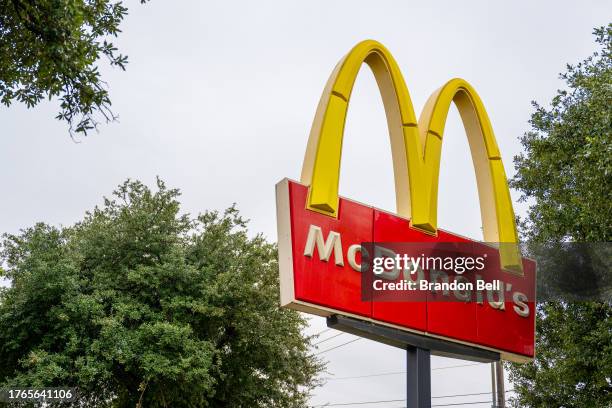 McDonald's store sign is seen on October 30, 2023 in Austin, Texas. McDonald's third-quarter earnings surpassed Wall Street analyst's expectations,...