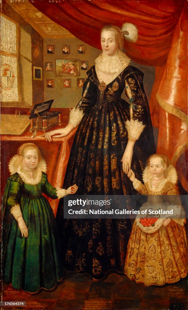 Anne Erskine, Countess of Rothes, d. 1640. Wife of the 6th Earl of Rothes. (With her daughters, Lady Margaret Leslie, 1621 - 1688 and Lady Mary Leslie, b. 1620)