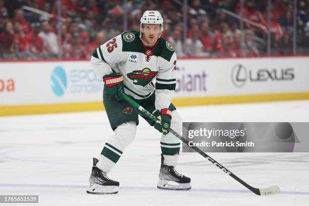 Jonas Brodin of the Minnesota Wild skates against the Washington Capitals during the first period at Capital One Arena on October 27, 2023 in...