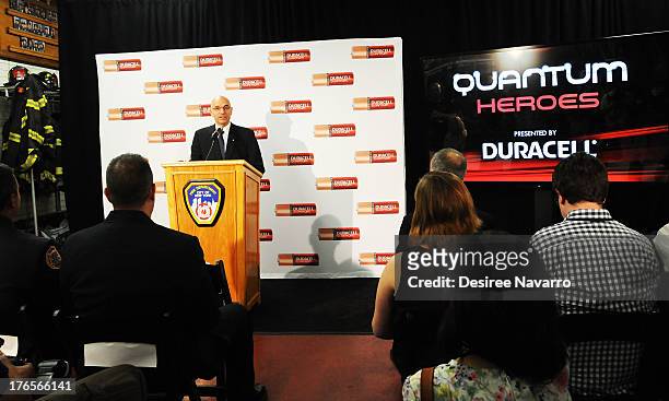 New York City Fire Commissioner Salvatore J. Cassano speaks at the "Quantum Heroes" premiere at Engine 33, Ladder 9 on August 15, 2013 in New York...