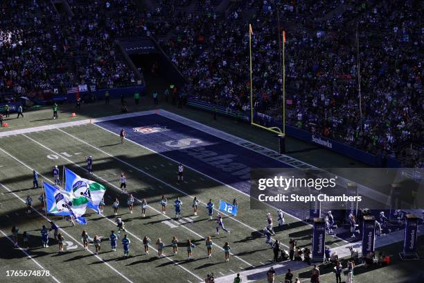 The Seattle Seahawks take the field before the game against the Cleveland Browns at Lumen Field on October 29, 2023 in Seattle, Washington.