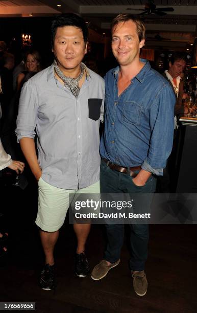 Benedict Wong and Stephen Campbell Moore attend an after party following the press night performance of 'Chimerica' at Grace Restaurant on August 15,...