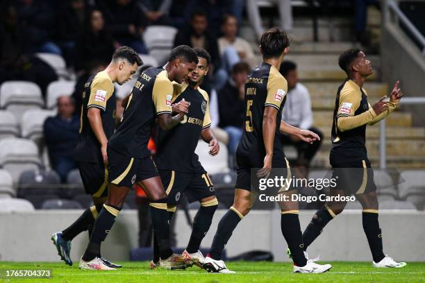 Geny Catamo of Sporting CP celebrates with team mates after scoring his team's first goal during the Liga Portugal Bwin match between Boavista and...