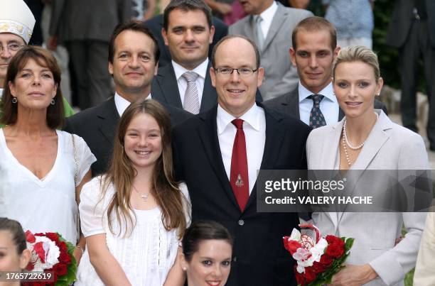Caroline of Hanover, Alexandra of Hanover, Andrea Casiraghi, Princess Charlene and Albert II of Monaco arrive to take part in the "Pique Nique...