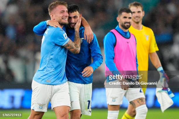 Ciro Immobile of S.S. Lazio celebrate after scoring a goal with his teammates during the Serie A TIM match between SS Lazio and ACF Fiorentina at...