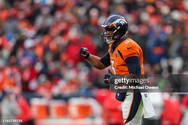 Russell Wilson of the Denver Broncos reacts during an NFL football game between the Denver Broncos and the Kansas City Chiefs at Empower Field At...