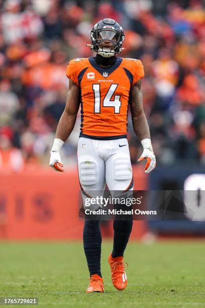 Courtland Sutton of the Denver Broncos looks on during an NFL football game between the Denver Broncos and the Kansas City Chiefs at Empower Field At...