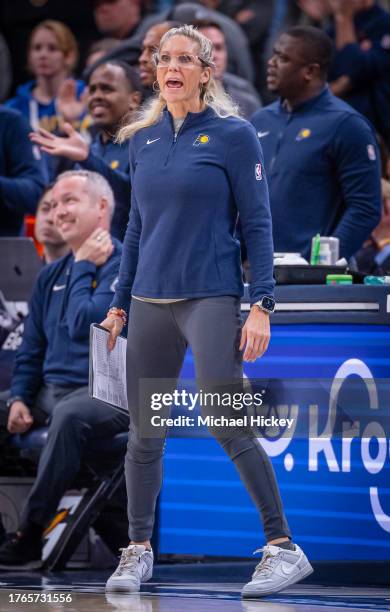 Indiana Pacers assistant coach Jenny Boucek is seen during the game against the Charlotte Hornets at Gainbridge Fieldhouse on November 4, 2023 in...