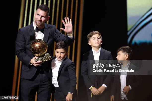 Lionel Messi and sons Thiago Messi, Mateo Messi Roccuzzo and Ciro Messi Roccuzz attend the 67th Ballon D'Or Ceremony at Theatre Du Chatelet on...