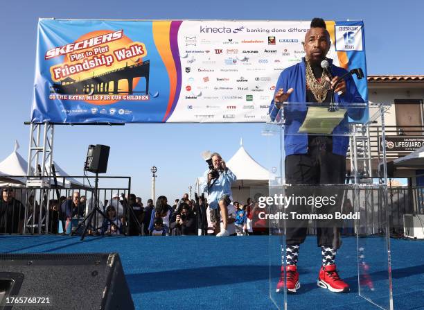 Mr. T speaks onstage during the 15th annual Skechers Pier to Pier Friendship Walk at Manhattan Beach Pier on October 29, 2023 in Manhattan Beach,...