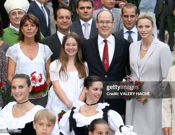 Caroline of Hanover, Alexandra of Hanover, Andrea Casiraghi, Princess Charlene and Albert II of Monaco arrive to take part in the "Pique Nique...