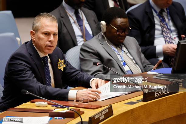 Israeli United Nations Ambassador Gilad Erdan speaks during a Security Council meeting on the Israel-Hamas war at U.N. Headquarters on October 30,...