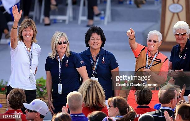 Former US Solheim Cup Team captains Beth Daniel, Betsy King, Nancy Lopez, Patty Sheehan, and Kathy Whitworth during the Opening Ceremony for the 2013...