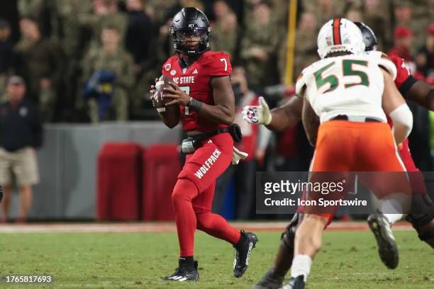 North Carolina State Wolfpack quarterback MJ Morris goes through his progression during the college football game between the North Carolina State...