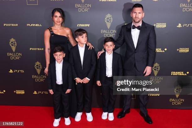 Antonela Roccuzzo, Lionel Messi and their sons attend the 67th Ballon D'Or Photocall at Theatre Du Chatelet on October 30, 2023 in Paris, France.