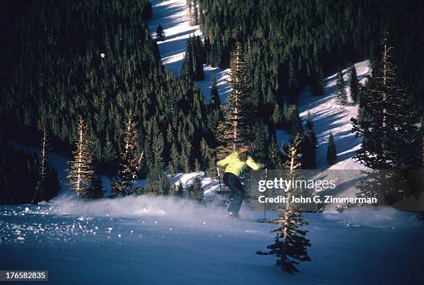 View of Pam Buckland in action on Breckenridge Mountain. Summit County, CO 3/14/1972 CREDIT: John G. Zimmerman