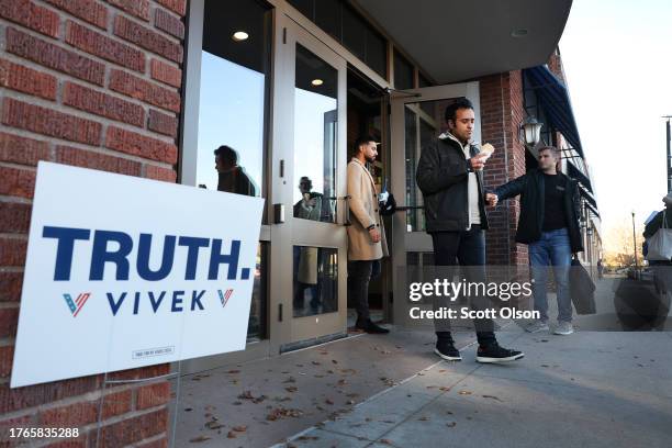 Republican presidential candidate Vivek Ramaswamy leaves a campaign stop at the Blue Bunny Ice Cream Parlor on October 30, 2023 in Le Mars, Iowa. The...