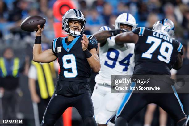 Carolina Panthers quarterback Bryce Young looks to make a pass during a NFL game between the Indianapolis Colts and the Carolina Panthers on November...