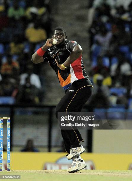 Rahkeem Cornwall of Antigua Hawksbills took two wickets against St. Lucia Zouks during the Seventeenth Match of the Caribbean Premier League between...