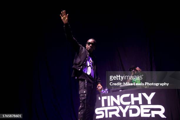 Tinchy Stryder performs on stage at Cardiff International Arena on October 30, 2023 in Cardiff, Wales.