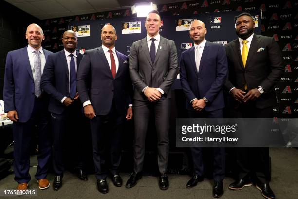 John Smoltz, Harold Reynolds, Albert Pujols, Aaron Judge, Derek Jeter, and David Ortiz pose for photos during a press conference announcing Judge as...