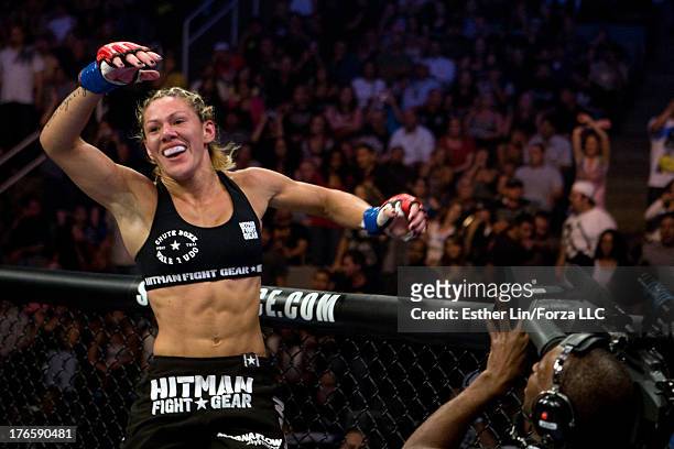 Cristiane 'Cyborg' Santos celebrates after her victory over Gina Carano during the inaugural Strikeforce Women's Championship event at HP Pavilion on...