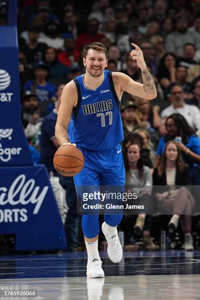 Luka Doncic of the Dallas Mavericks smiles during the game against the Charlotte Hornets on November 5, 2023 at the American Airlines Center in...