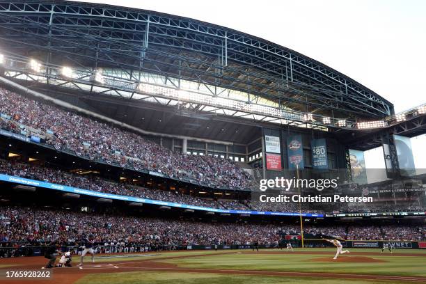 General view as Brandon Pfaadt of the Arizona Diamondbacks pitches to Marcus Semien of the Texas Rangers in the first inning during Game Three of the...
